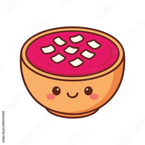 Kawaii bowl of soup with tofu cubes flat vector