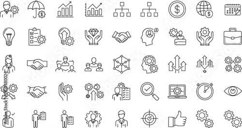 Business management and strategy outline icon set with analytics, leadership, partnership and corporate development symbols isolated on white background vector collection