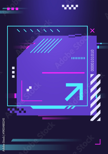 Game frame in retrowave style. Blue neon banner