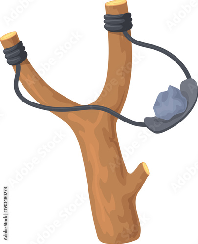 Throwing stone catapult toy. Cartoon slingshot icon