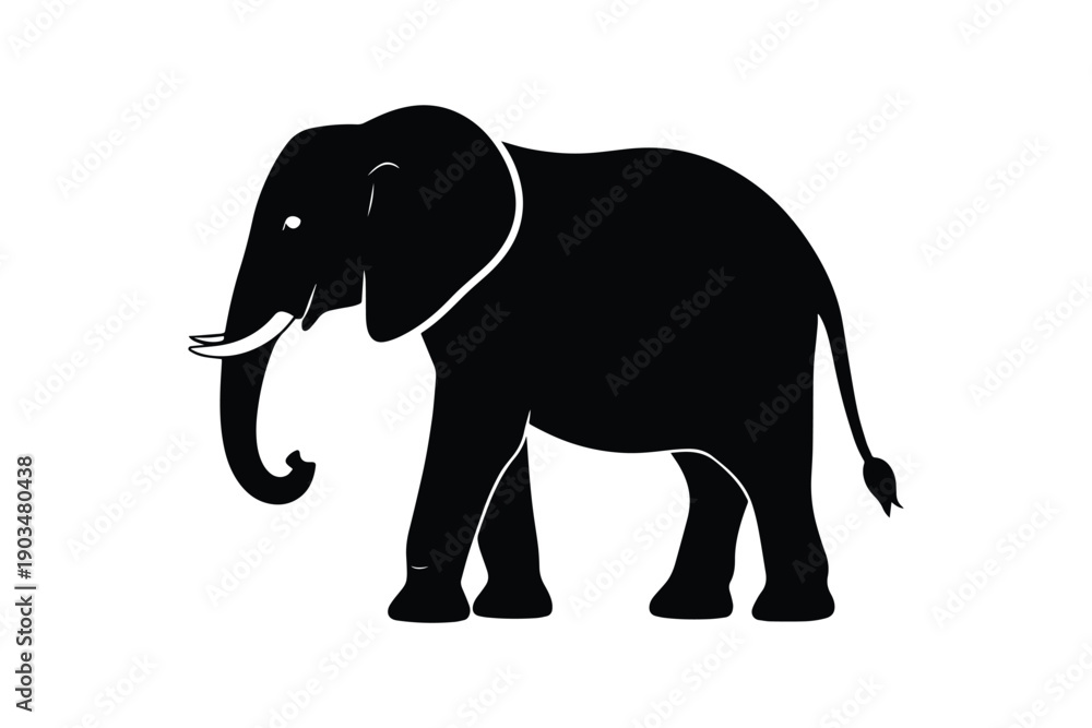 Fototapeta premium Majestic silhouette of an elephant, featuring distinctive tusks, gracefully strolling on a white backdrop