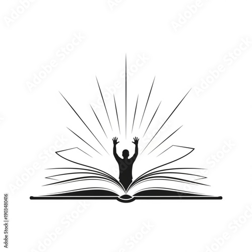 Silhouette of a person celebrating emerging from the pages of an open book with rays of light