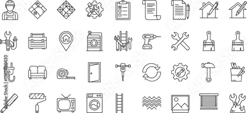 Construction and repair outline icon set with tools, home renovation, maintenance equipment and industrial work symbols isolated on white background vector collection