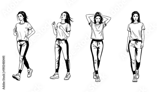 Sporty slim girl dynamic ink brush sketch vector illustration casual fashion poses