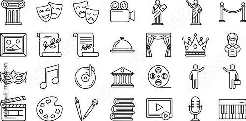 Arts and entertainment outline icon set with theater, music, cinema, museum and performance symbols isolated on white background vector collection