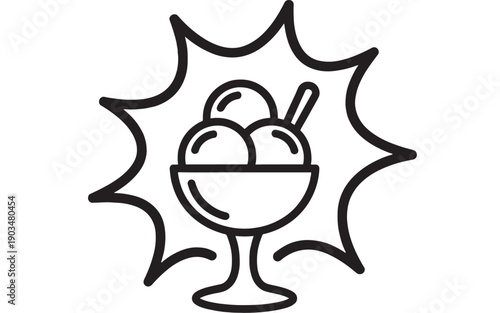 Ice cream sundae icon with scoops in dessert bowl and spoon, bold black outline line art, minimal flat symbol isolated on white background for menu or app UI