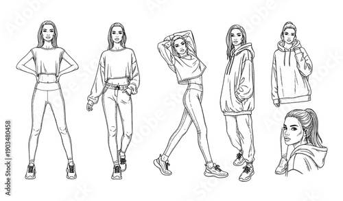 Slim sporty girl ink hand drawn fashion sketch vector set casual poses isolated on white