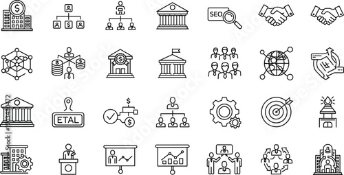 Corporate organization and business structure outline icon set with partnership, leadership, governance and financial institution symbols isolated on white background vector collection