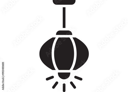 Lamp hanging icon with light rays, minimalist black silhouette pendant ceiling fixture symbol for interior lighting, web app UI, signage, and infographic design