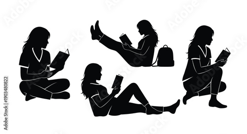 Four women reading books and using a smartphone in different sitting positions in a black silhouette style