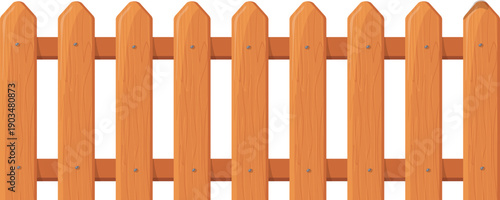 Picket fence. Brown wooden railing. Cartoon yard barrier