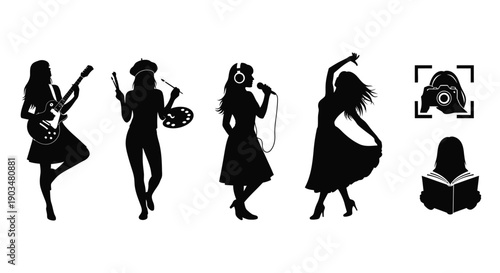 Silhouettes of women enjoying leisure activities like music dance painting reading and photography