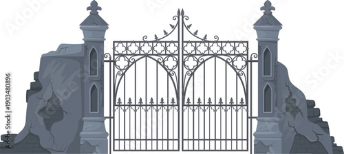 Castle gothic gates with broken stone barrier cartoon icon