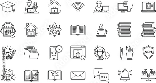 Education, e-learning and remote work outline icon set with online study, virtual classroom, books, communication and digital workspace symbols isolated on white background vector collection
