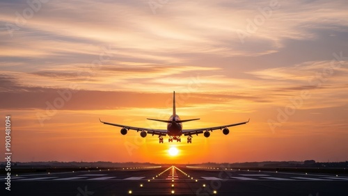 Passenger jet airplane taking off from runway at sunset with orange sun flare and dramatic clouds for travel banner or website header
