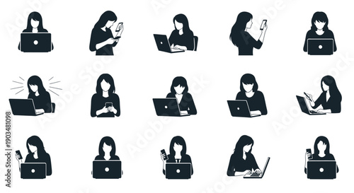 Woman working on laptop in various positions and expressions with multiple icons showing different actions and emotions on a white background