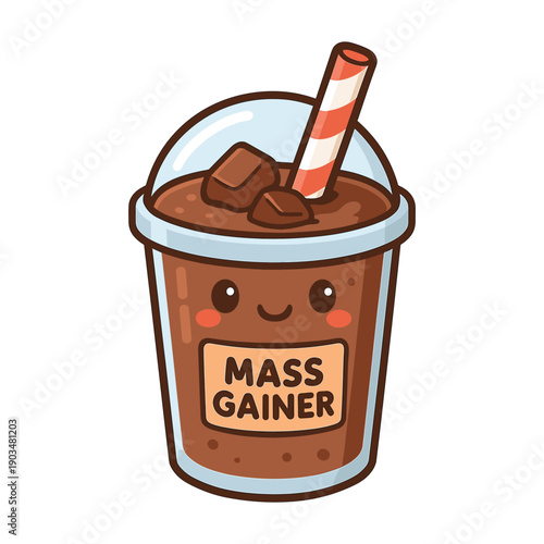 Mass gainer shake with ice cubes and straw cartoon