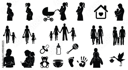 Family and parenting icons with silhouettes of parents and children baby items and household symbols for family planning and childcare concepts
