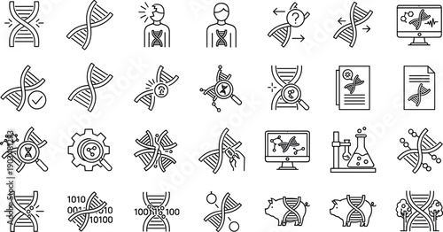 Genetics and DNA research outline icon set with genome, biotechnology, laboratory and genetic engineering symbols isolated on white background vector collection