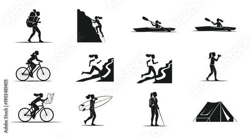 Black silhouettes of people engaging in various outdoor activities like hiking kayaking cycling surfing and camping at dusk with a tent
