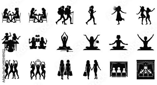 Collection of silhouettes people exercising socializing and relaxing in various activities and poses