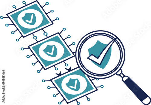 Digital Security Inspection: A magnified view of a data protection symbol, set against an array of processing unit, emphasizing the scrutiny and safeguards in the digital world.