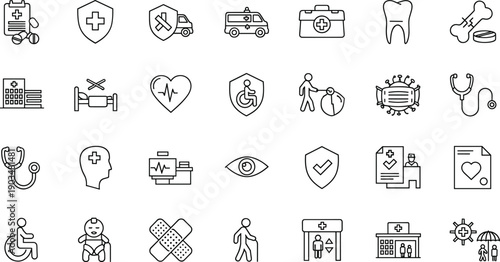 Healthcare and medical outline icon set with hospital, insurance, disability, treatment and patient care symbols isolated on white background vector collection