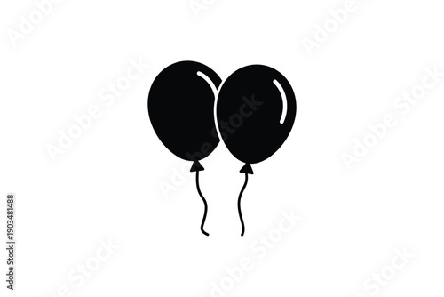 Simple pair of balloons silhouette floating with strings showing glossy highlights and celebratory birthday vibe
