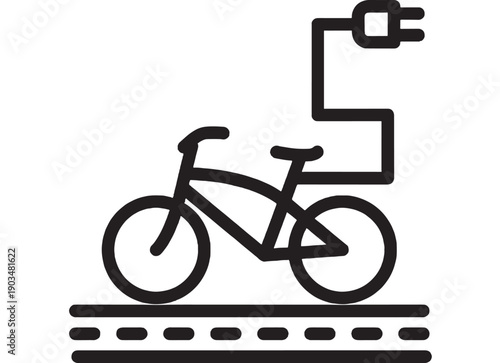 Bicycle electric charging icon with plug cable on white background, simple black line pictogram for e-bike power station, energy and eco transport sign for apps