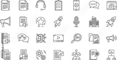 Media, marketing and communication outline icon set with press release, podcast, SEO, promotion and digital content symbols isolated on white background vector collection
