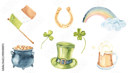 St Patricks day design elements set. Irish Flag, Cauldron with Gold coins, Leprechaun green Hat, Ale Mug, Golden Horseshoe, Rainbow and clovers. Hand drawn Watercolor illustration isolated on a white