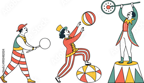 Vibrant circus performers juggling and playing sports with colorful equipment