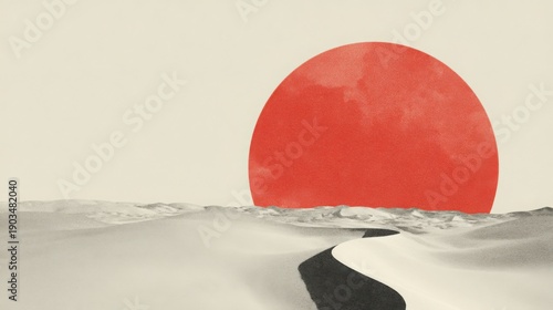 Red sun setting over a desert landscape in a remote work concept representing calmness and productivity pathways