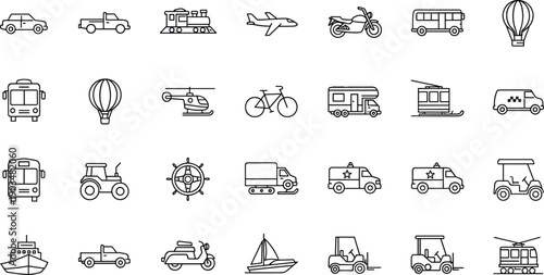 Transportation and vehicle outline icon set with car, bus, truck, bicycle, airplane, ship and emergency transport symbols isolated on white background vector collection