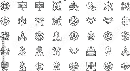 Teamwork and collaboration outline icon set with partnership, global network, business strategy and organizational workflow symbols isolated on white background vector collection