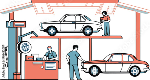 Automotive repair shop interior with two mechanics working on a white car on a hydraulic lift and another white and orange car on the ground, with a third person observing