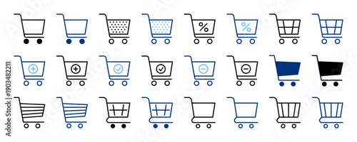 Shopping cart icon set. Trolley, grocery cart black blue line icons. Basket sign. E-commerce, closeout, retail, supermarket concept.Vector illustration.Isolated on a white background. Editable stroke.
