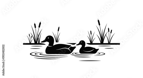 Two ducks, one adult and one duckling, swimming in a pond with reeds in a black and white silhouette style.