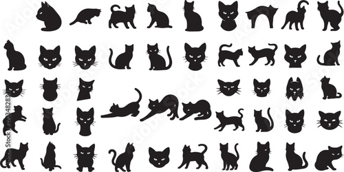 Cartoon Black Cat Silhouette Vector Pack – Isolated Illustration Set