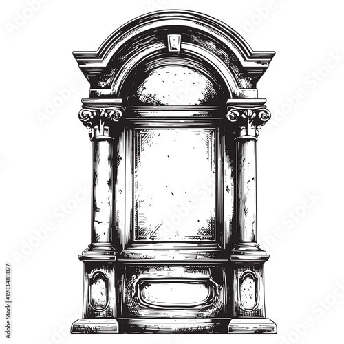 Ornate classical stone monument alcove with Corinthian columns and arched pediment, created with expressive ink sketch drawing style