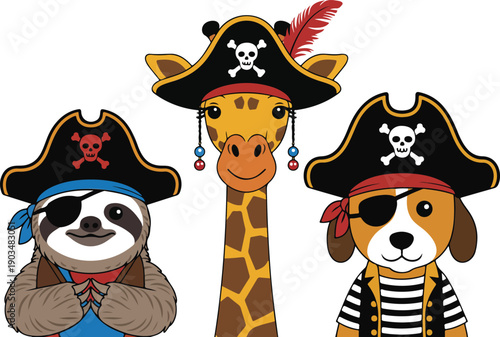 Cute Pirate Animal Face Illustration Set Sloth, Giraffe, Dog, and Captain Characters