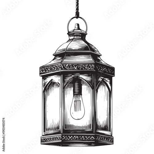 Ornate vintage hanging lantern with intricate gothic architectural detailing, showcasing a bare filament Edison bulb emitting warm, ambient light, rendered in a classic etched drawing style 