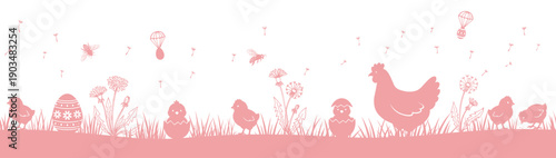 Hen and chicks Easter seamless pattern with dandelion silhouette vector border on pink background