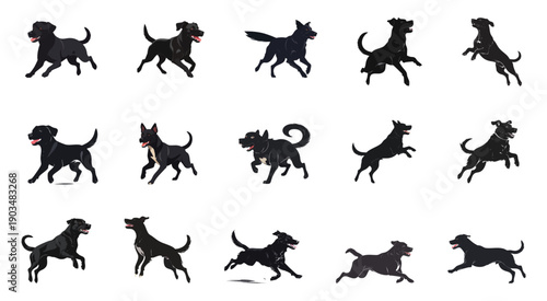 A collection of black dogs in running poses.