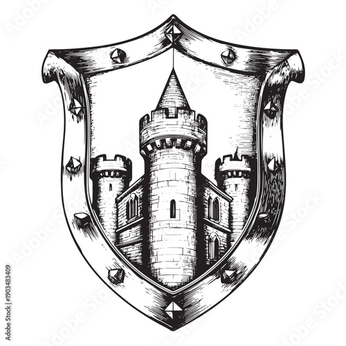 Grayscale heraldic shield emblem featuring a detailed medieval castle with fortified turrets, presented in a dramatic, hand-drawn sketch style with strong linework and shading, symbolizing