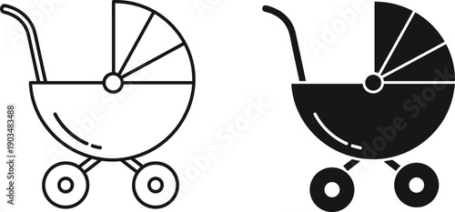 Baby stroller icon set in black and white, minimalist pram illustration for childcare, newborn, parenting, and baby product design
