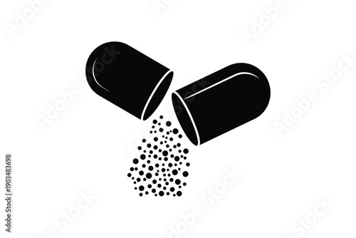 Open medical capsule pill with powder granules spilling out representing pharmacy medicine and healthcare care