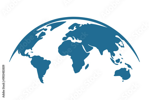 Curved world map silhouette, half globe of blue planet Earth, global business geography, worldwide international. Africa, Asia and America, Europe, Australia continents. Travel vector infographics