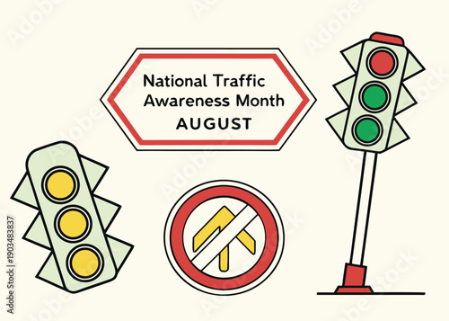 Traffic Safety Awareness: An illustrative composition promoting the National Traffic Awareness Month in August, featuring symbolic representations of road safety measures