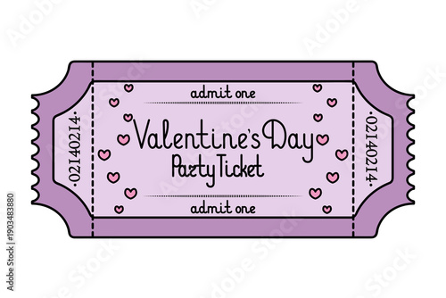 Valentine's Day. Party purple ticket admit one. A frame of wavy pink hearts decorates the coupon. Handwritten lettering with uppercase letters. Color vector illustration. Tear-off ticket with number. 